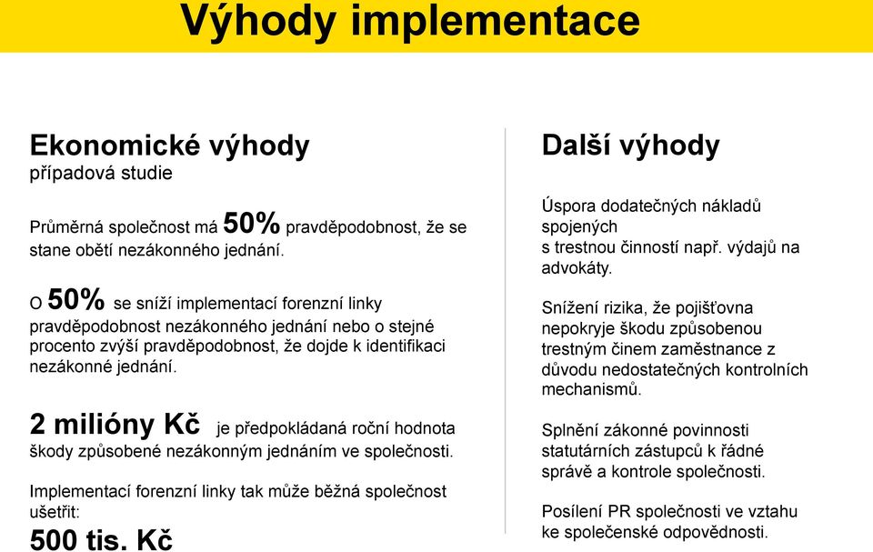 O 50% se sníží implementací forenzní linky pravděpodobnost nezákonného jednání nebo o stejné procento zvýší pravděpodobnost, že dojde k identifikaci nezákonné jednání.