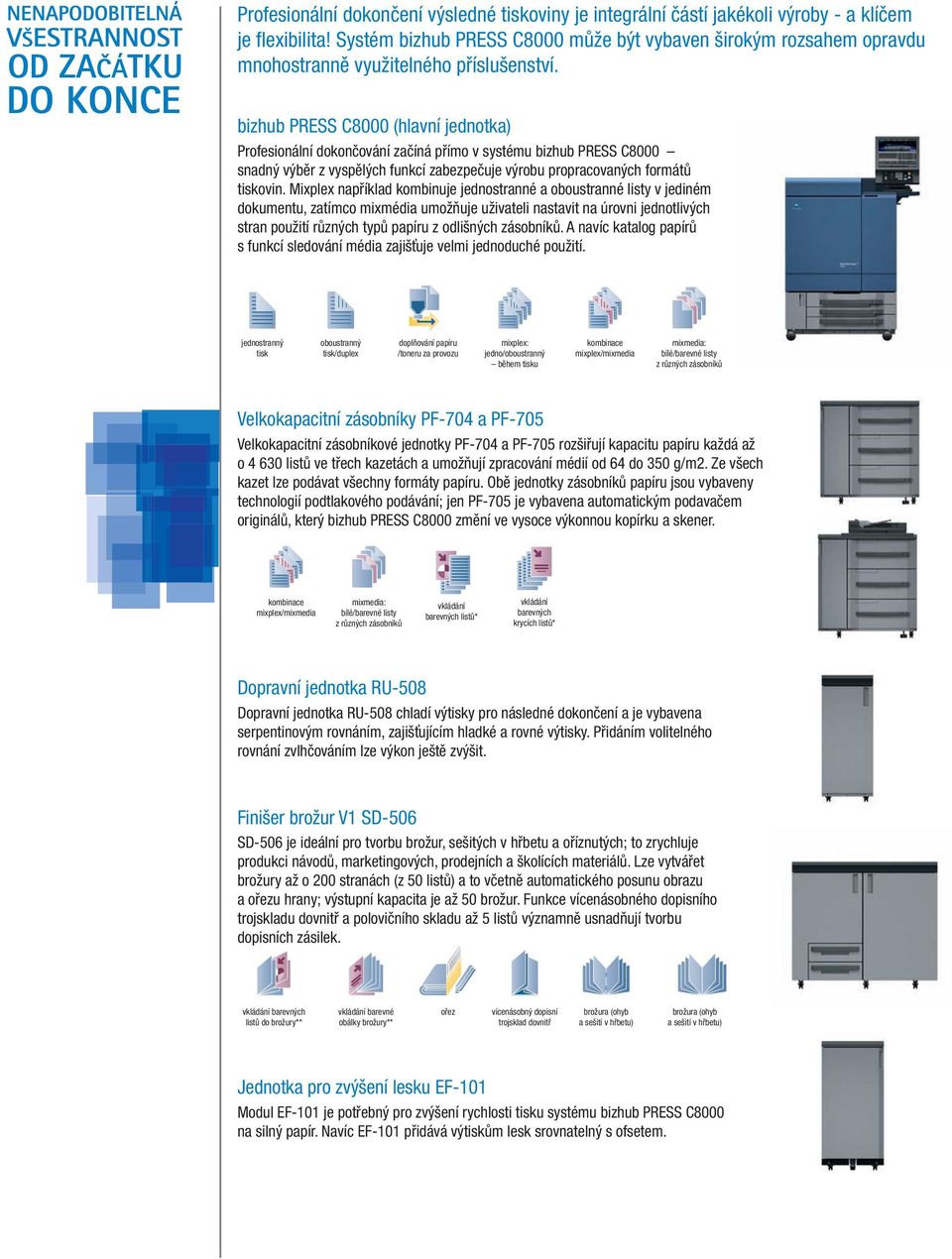 bizhub PRESS C8000 (hlavní jednotka) Profesionální dokončování začíná přímo v systému bizhub PRESS C8000 snadný výběr z vyspělých funkcí zabezpečuje výrobu propracovaných formátů tiskovin.