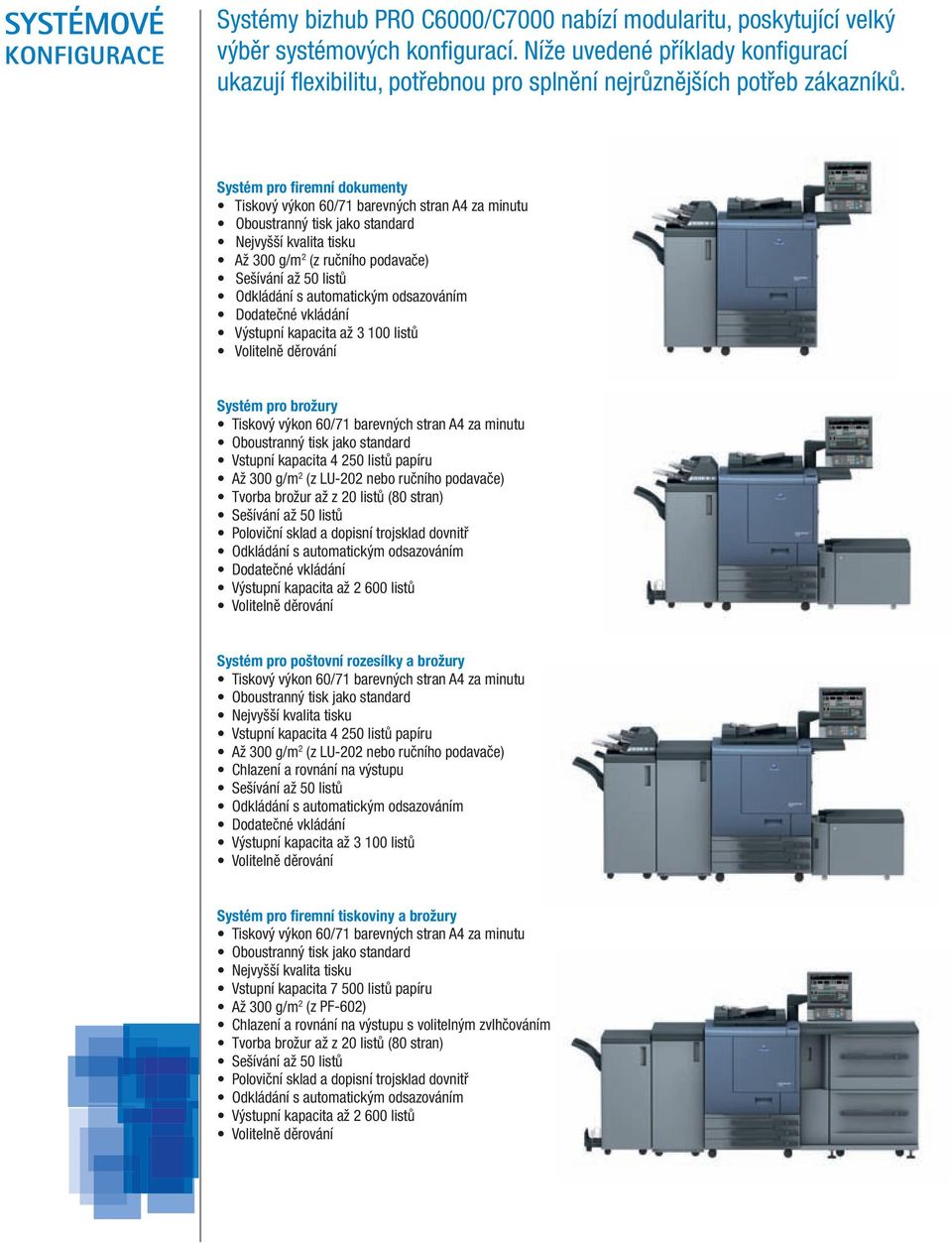 Systém pro firemní dokumenty Tiskový výkon 60/71 barevných stran A4 za minutu Oboustranný tisk jako standard Nejvyšší kvalita tisku Až 300 g/m 2 (z ručního podavače) Sešívání až 50 listů Odkládání s