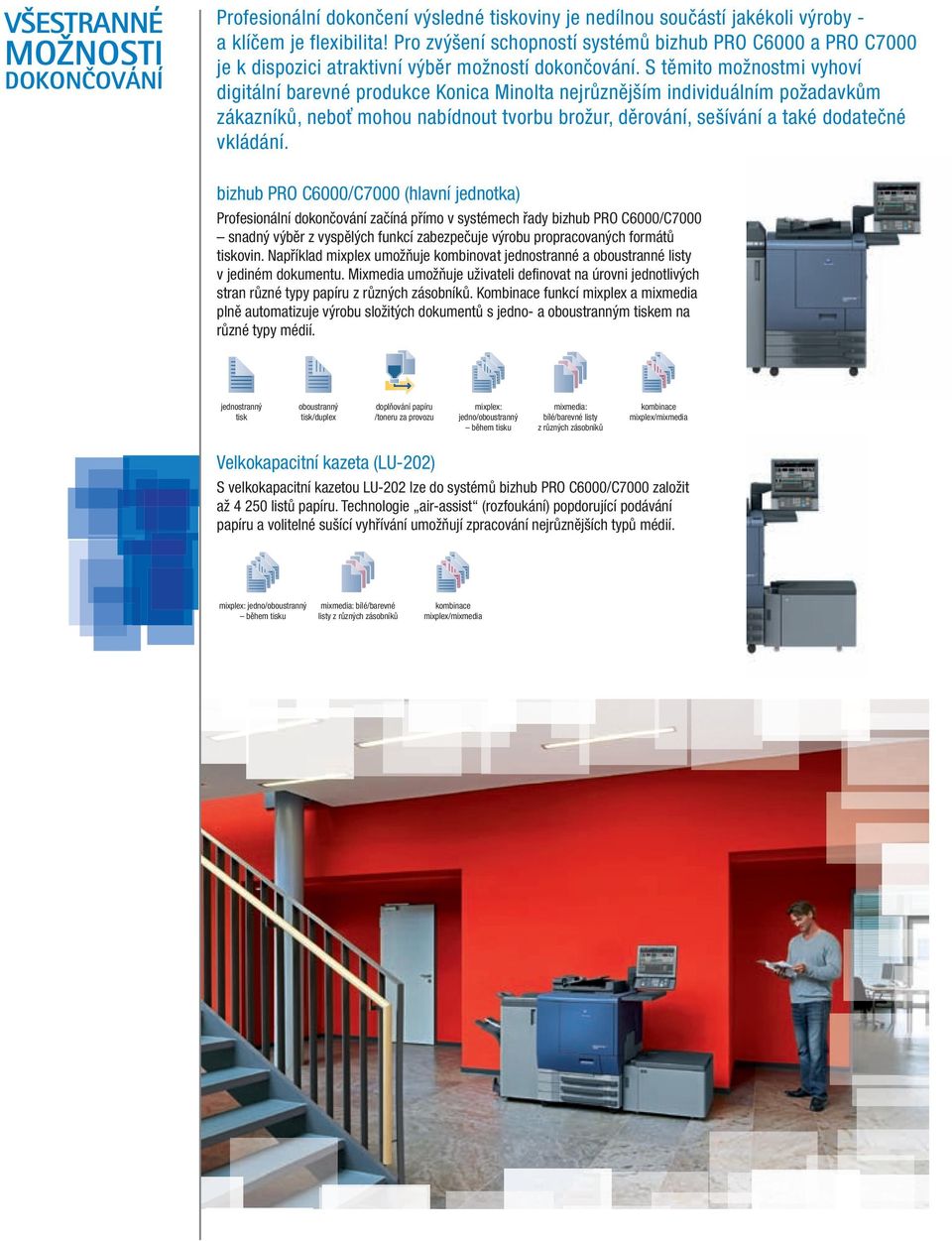 S těmito možnostmi vyhoví digitální barevné produkce Konica Minolta nejrůznějším individuálním požadavkům zákazníků, neboť mohou nabídnout tvorbu brožur, děrování, sešívání a také dodatečné vkládání.