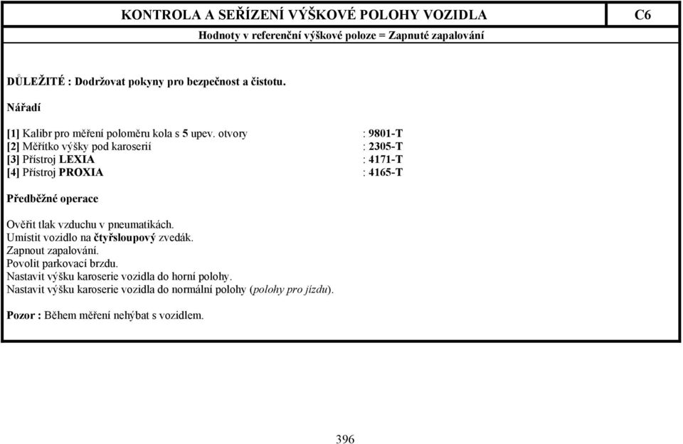 otvory : 9801-T [2] Měřítko výšky pod karoserií : 2305-T [3] Přístroj LEXIA : 4171-T [4] Přístroj PROXIA : 4165-T Předběžné operace Ověřit