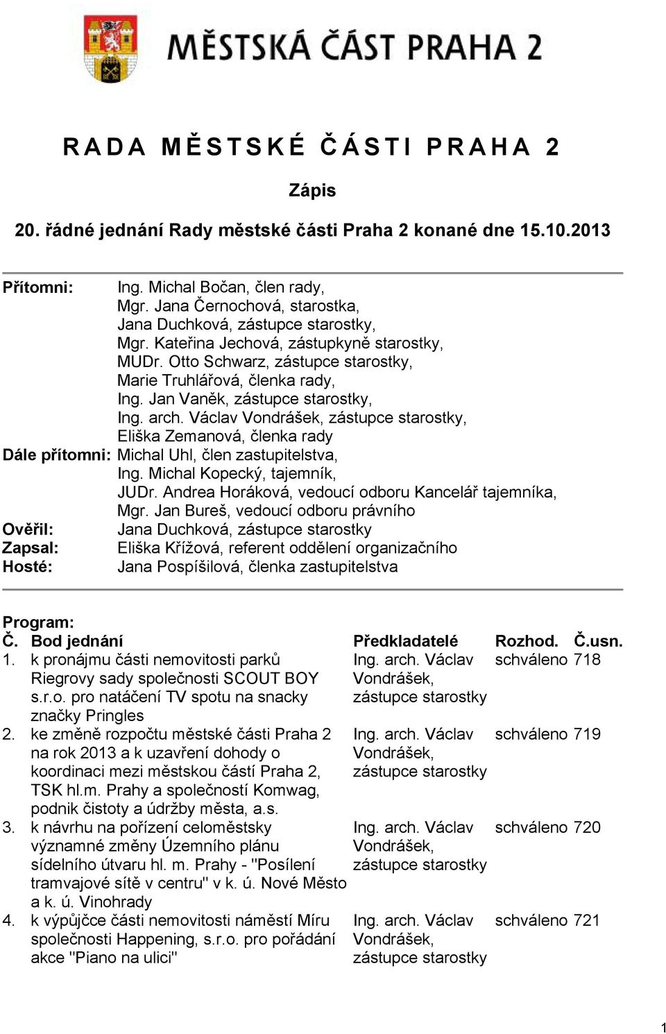 Jan Vaněk, zástupce starostky, Ing. arch. Václav Vondrášek, zástupce starostky, Eliška Zemanová, členka rady Dále přítomni: Michal Uhl, člen zastupitelstva, Ing. Michal Kopecký, tajemník, JUDr.