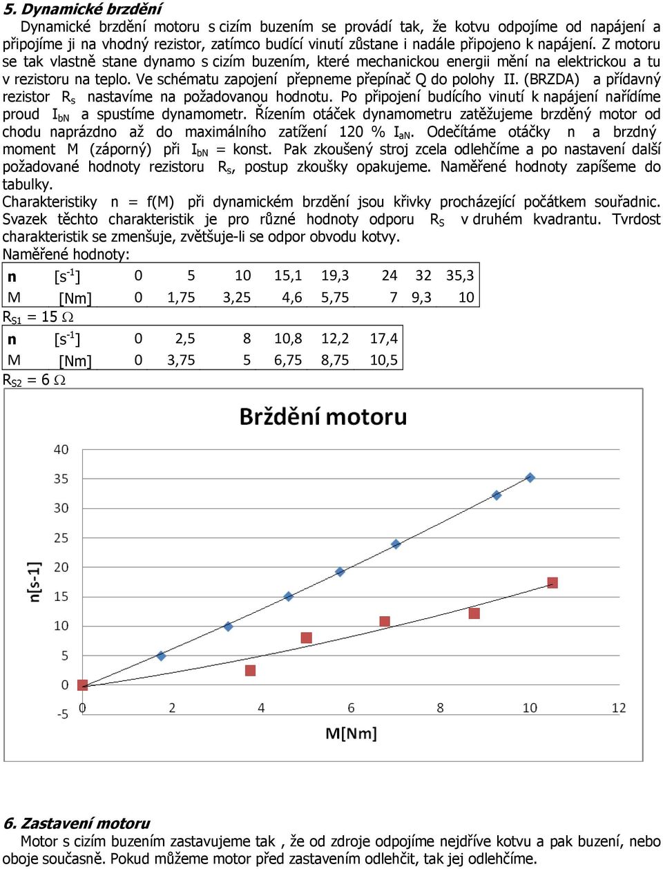 (BRZDA) a přídavný rezistor R s nastavíme na požadovanou hodnotu. Po připojení budícího vinutí k napájení nařídíme proud I bn a spustíme dynamometr.