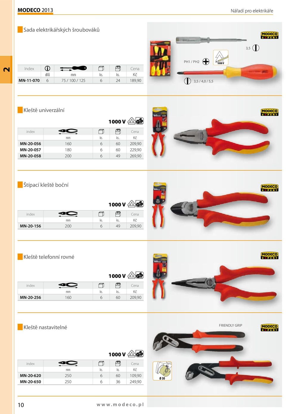 ks.. Kč MN-20-056 160 6 60 209,90 MN-20-057 180 6 60 229,90 MN-20-058 200 6 49 269,90 Štípací kleště boční 1000 V ks.