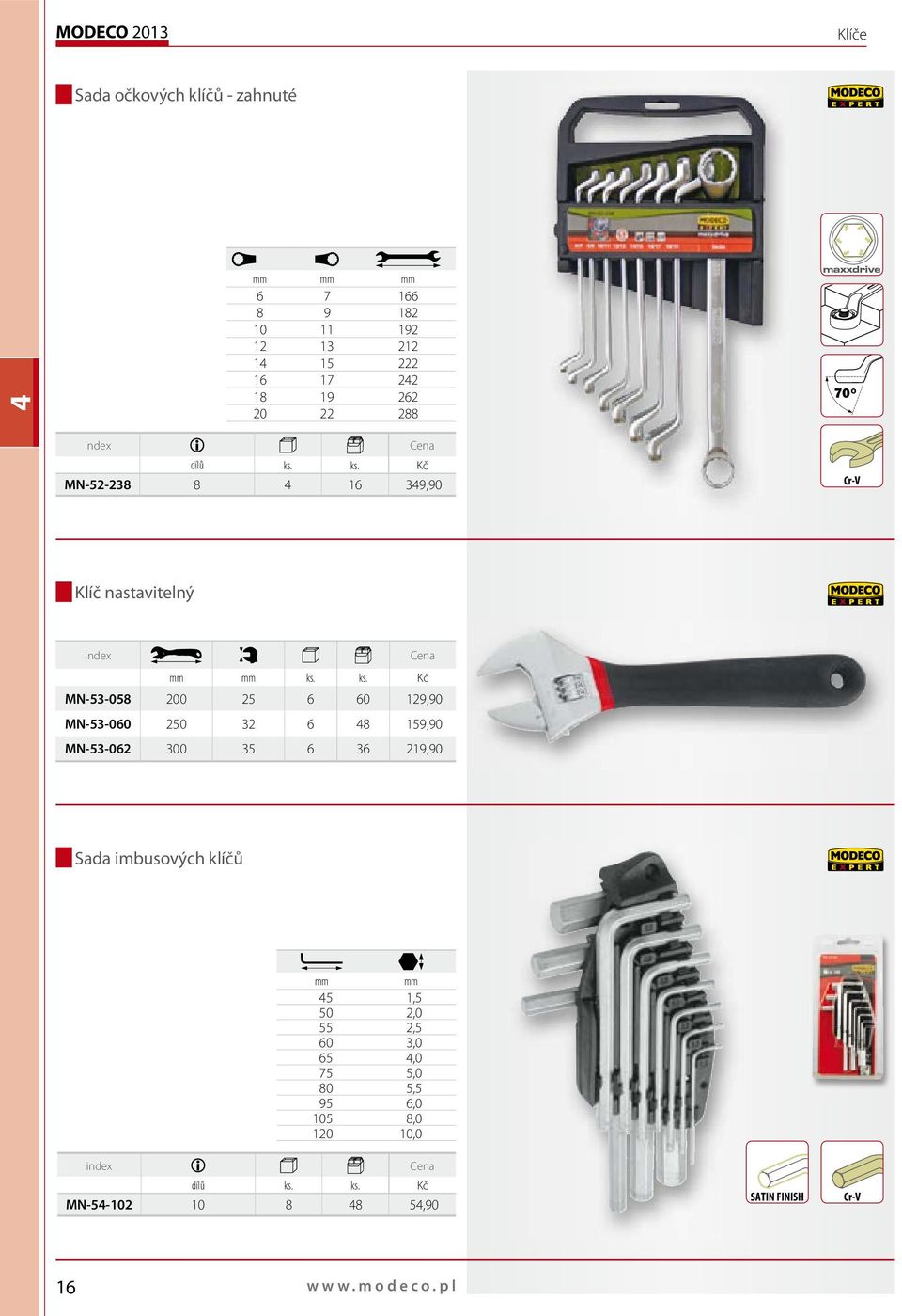 ks. Kč MN-52-238 8 4 16 349,90 Cr-V Klíč nastavitelný MN-53-058 200 25 6 60 129,90 MN-53-060 250 32 6 48