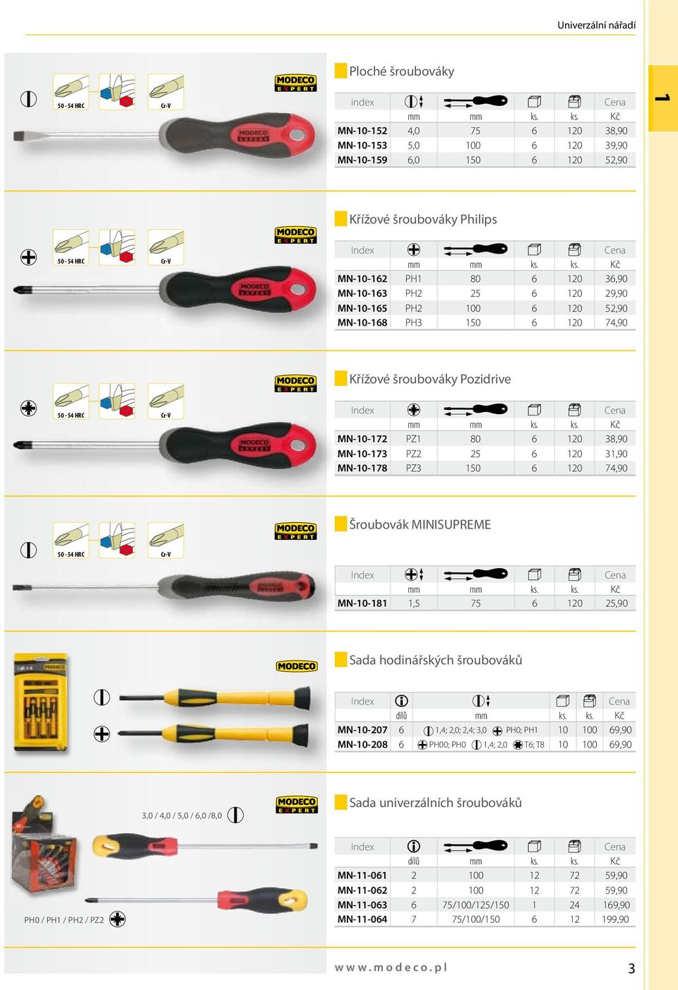 MN-10-173 PZ2 25 6 120 31,90 MN-10-178 PZ3 150 6 120 74,90 Šroubovák MINISUPREME 50-54 HRC Cr-V Index MN-10-181 1,5 75 6 120 25,90 Sada hodinářských šroubováků Index dílů MN-10-207 6 1,4; 2,0; 2,4;