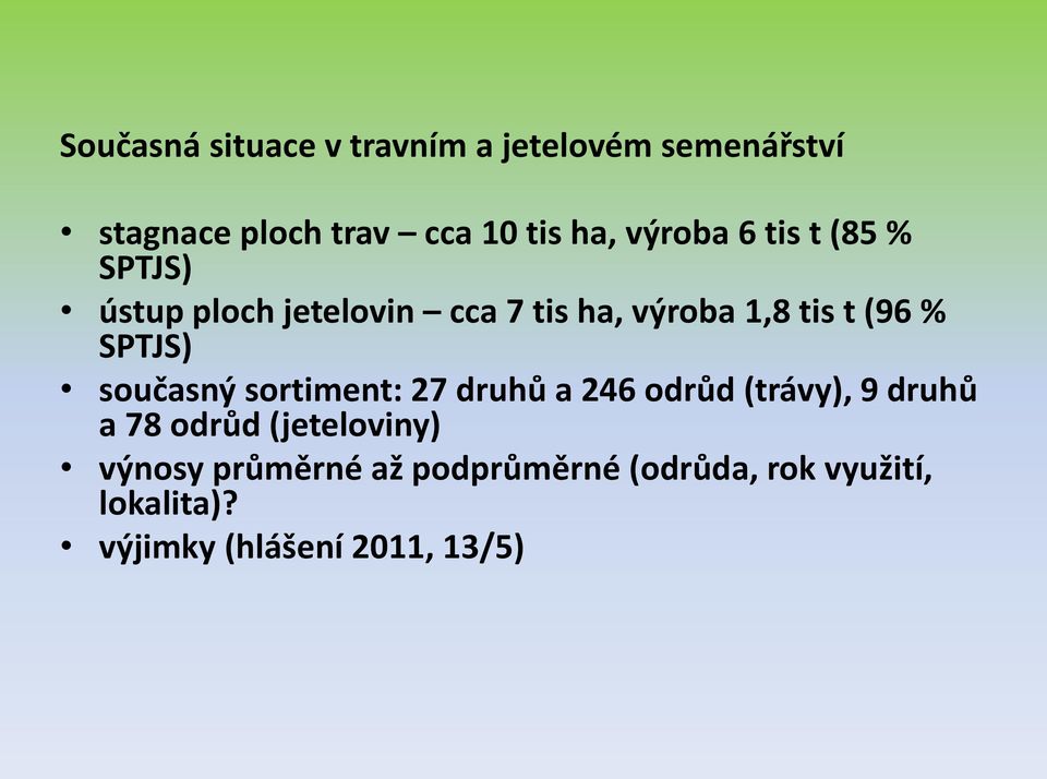 SPTJS) současný sortiment: 27 druhů a 246 odrůd (trávy), 9 druhů a 78 odrůd (jeteloviny)