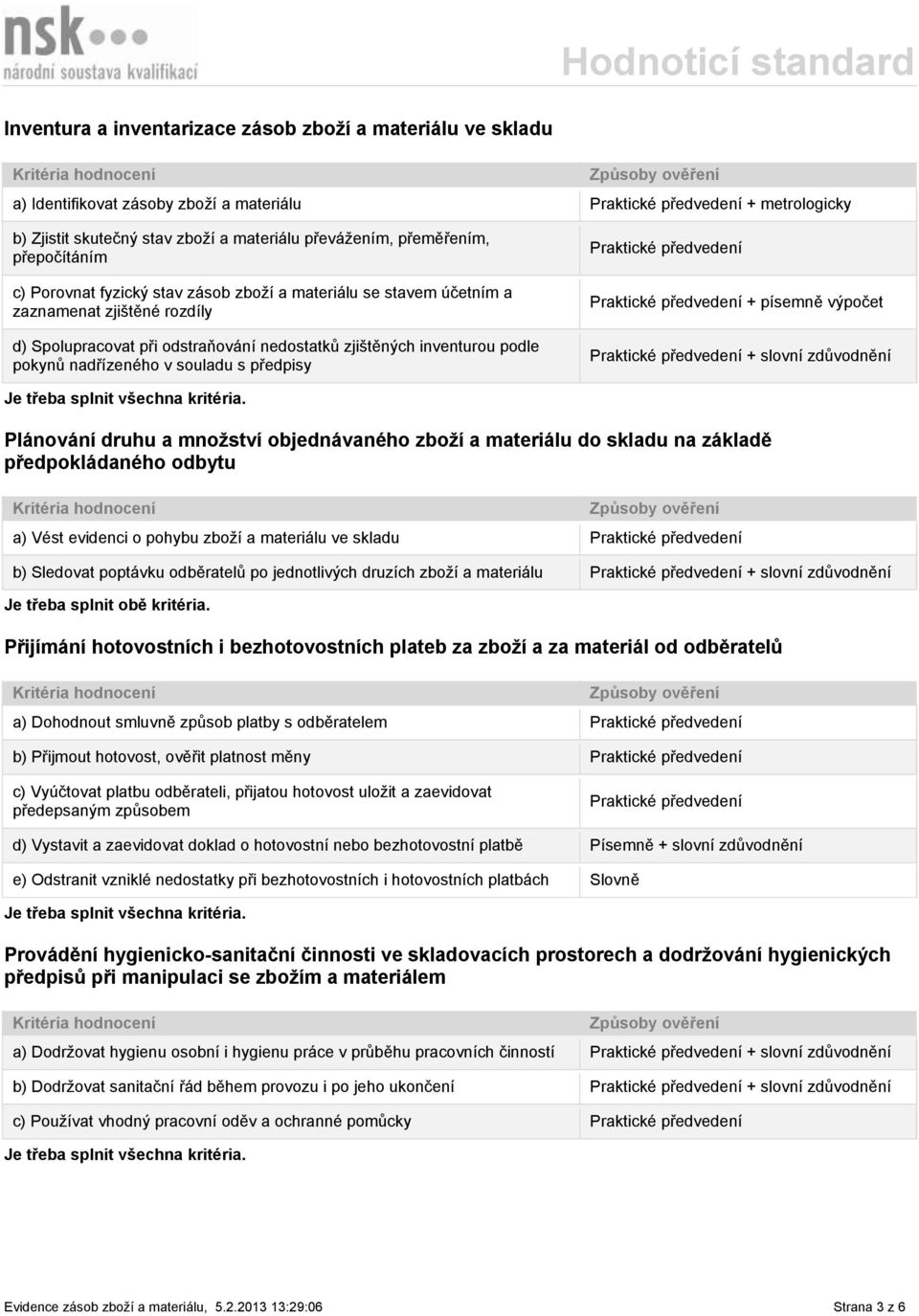 pokynů nadřízeného v souladu s předpisy Praktické předvedení Praktické předvedení + písemně výpočet Plánování druhu a množství objednávaného zboží a materiálu do skladu na základě předpokládaného