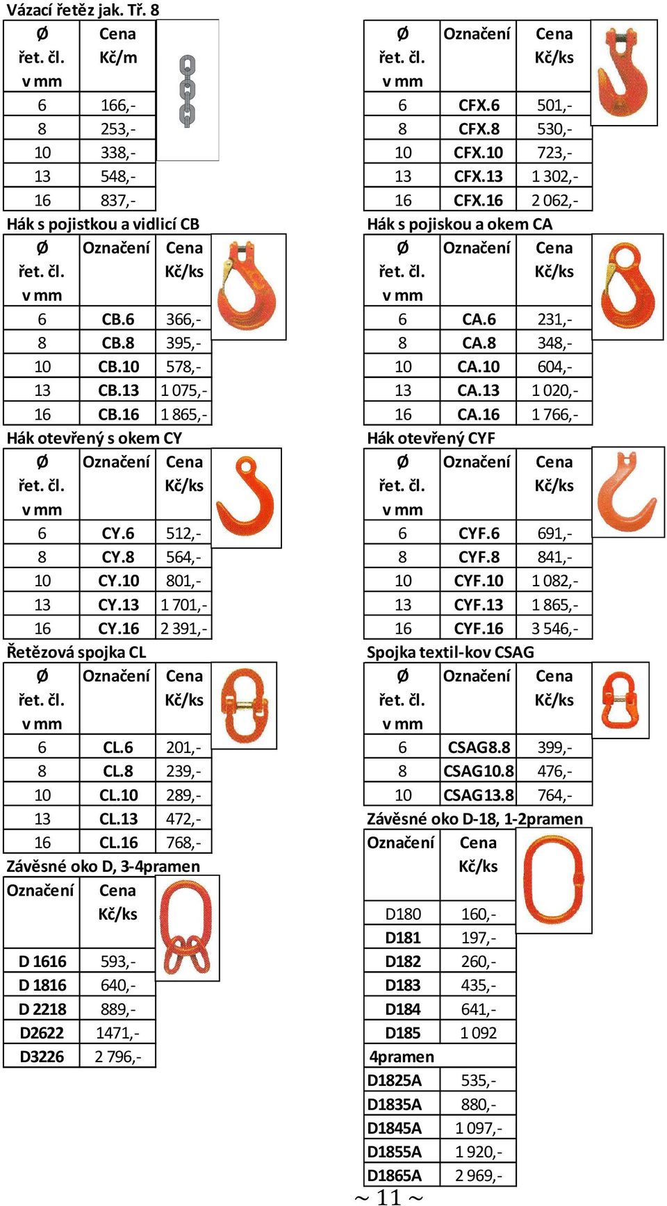 10 604,- 13 CB.13 1075,- 13 CA.13 1020,- 16 CB.16 1865,- 16 CA.16 1766,- Hák otevřený s okem CY Hák otevřený CYF Ø Označení Cena Ø Označení Cena řet. čl. Kč/ks řet. čl. Kč/ks 6 CY.6 512,- 6 CYF.