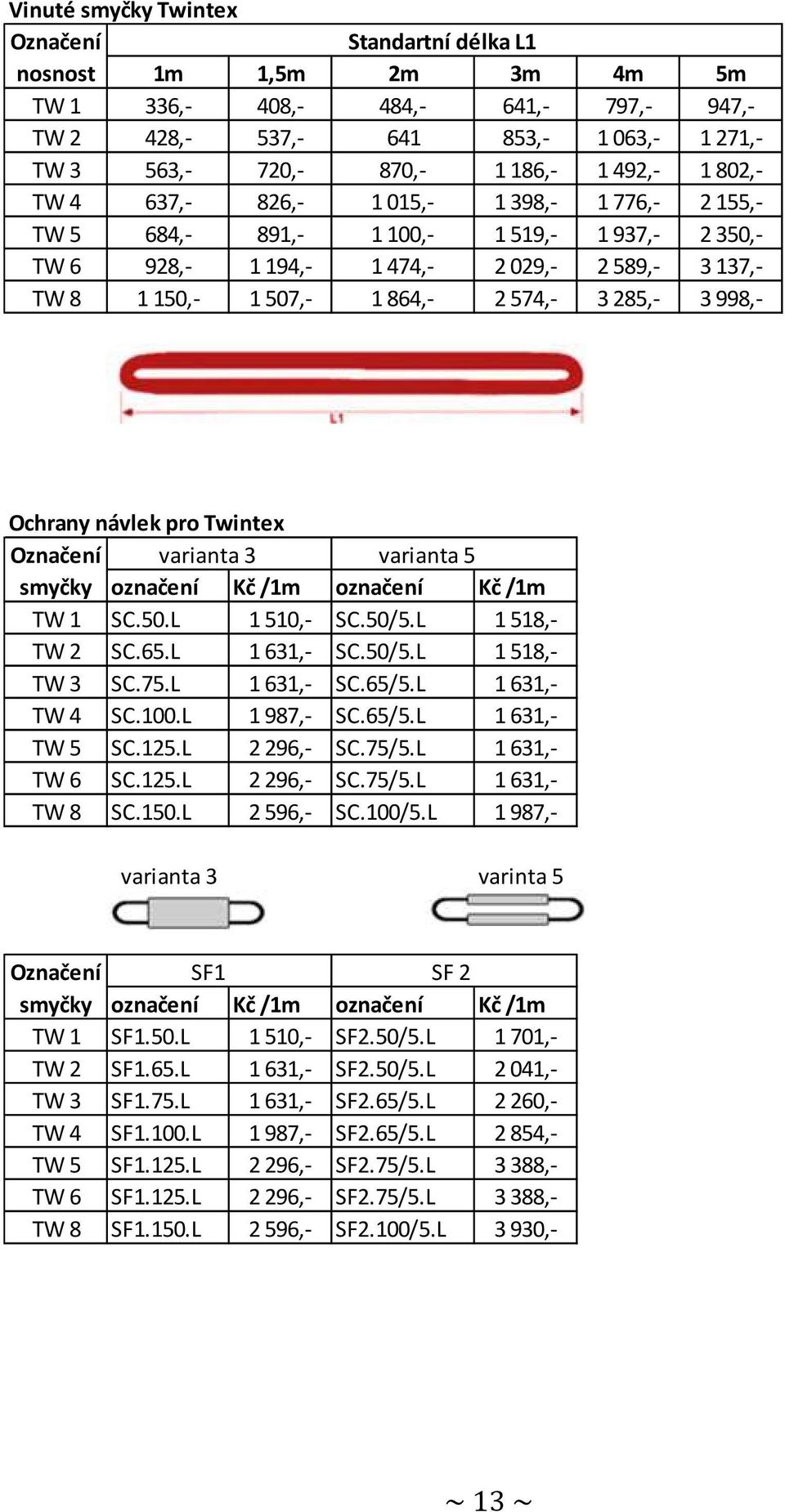 návlek pro Twintex Označení varianta 3 varianta 5 smyčky označení Kč /1m označení Kč /1m TW 1 SC.50.L 1510,- SC.50/5.L 1518,- TW 2 SC.65.L 1631,- SC.50/5.L 1518,- TW 3 SC.75.L 1631,- SC.65/5.