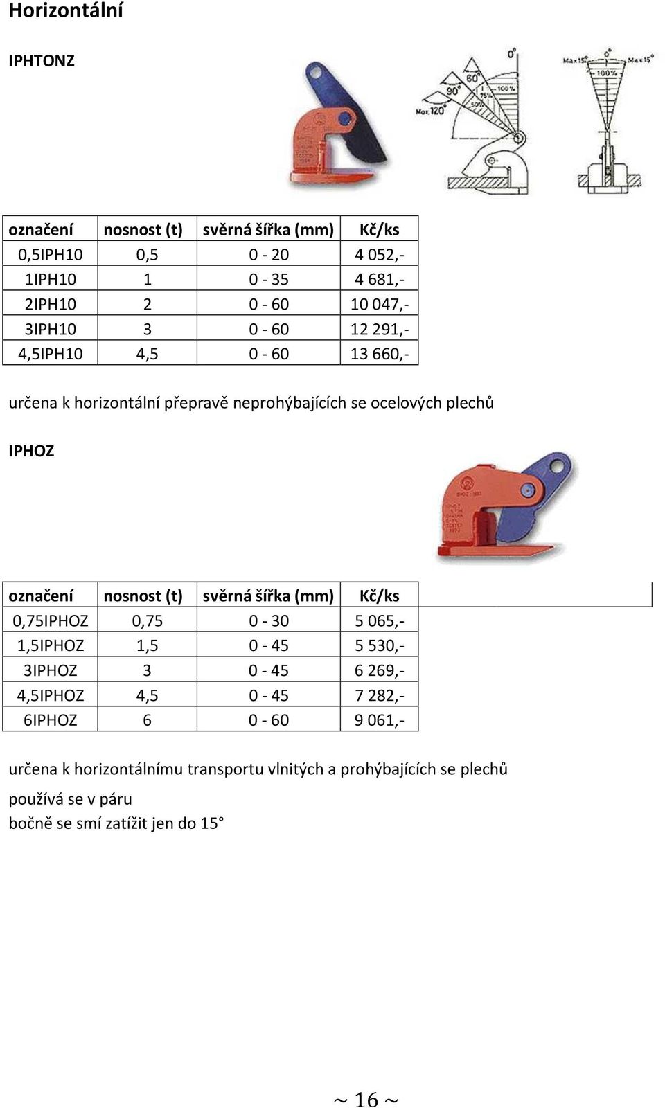 nosnost (t) svěrná šířka (mm) Kč/ks 0,75IPHOZ 0,75 0-30 5 065,- 1,5IPHOZ 1,5 0-45 5 530,- 3IPHOZ 3 0-45 6 269,- 4,5IPHOZ 4,5 0-45 7 282,-