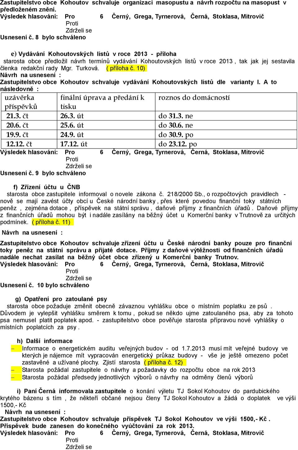 Turková. ( příloha č. 10) Zastupitelstvo obce Kohoutov schvaluje vydávání Kohoutovských listů dle varianty I.