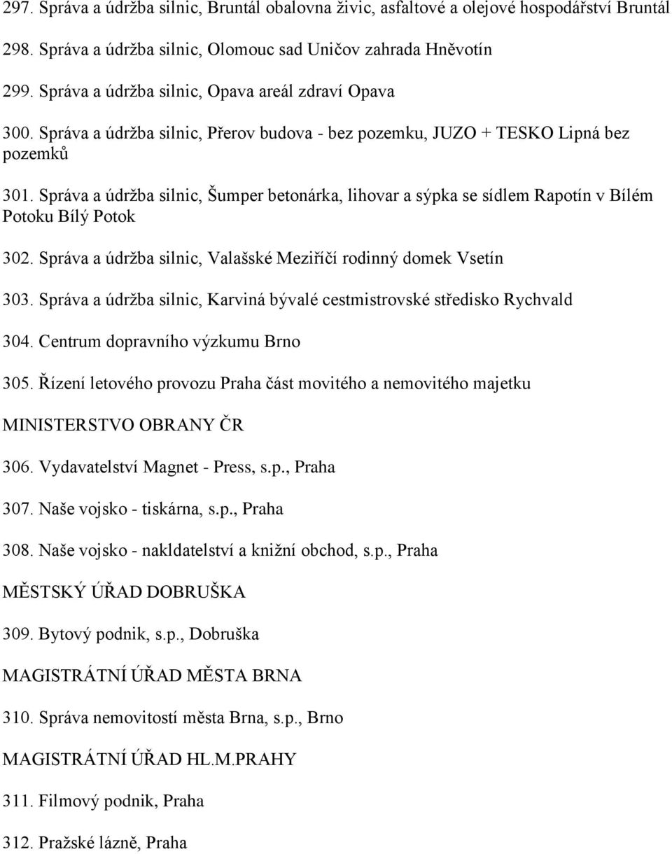 Správa a údržba silnic, Šumper betonárka, lihovar a sýpka se sídlem Rapotín v Bílém Potoku Bílý Potok 302. Správa a údržba silnic, Valašské Meziříčí rodinný domek Vsetín 303.