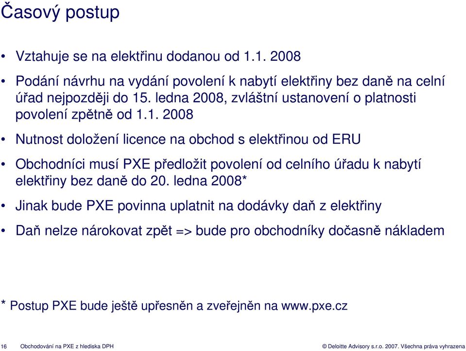1. 2008 Nutnost doložení licence na obchod s elektřinou od ERU Obchodníci musí PXE předložit povolení od celního úřadu k nabytí elektřiny bez daně do 20.