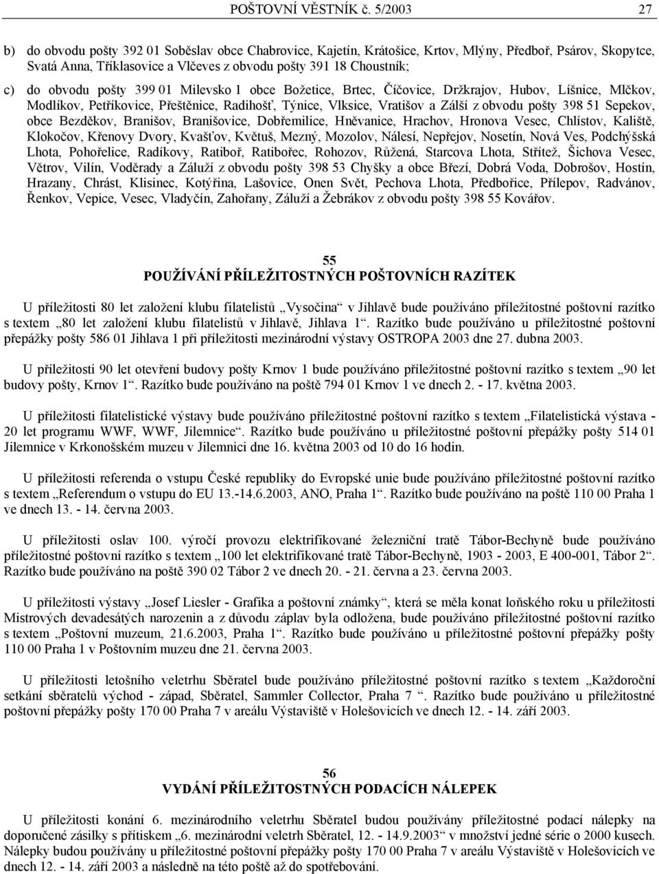 obvodu pošty 399 01 Milevsko 1 obce Božetice, Brtec, Číčovice, Držkrajov, Hubov, Líšnice, Mlčkov, Modlíkov, Petříkovice, Přeštěnice, Radihošť, Týnice, Vlksice, Vratišov a Zálší z obvodu pošty 398 51