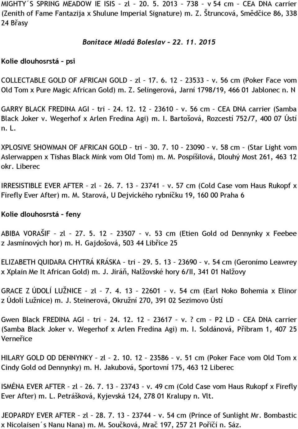 56 cm (Poker Face vom Old Tom x Pure Magic African Gold) m. Z. Selingerová, Jarní 1798/19, 466 01 Jablonec n. N GARRY BLACK FREDINA AGI tri 24. 12. 12 23610 v.