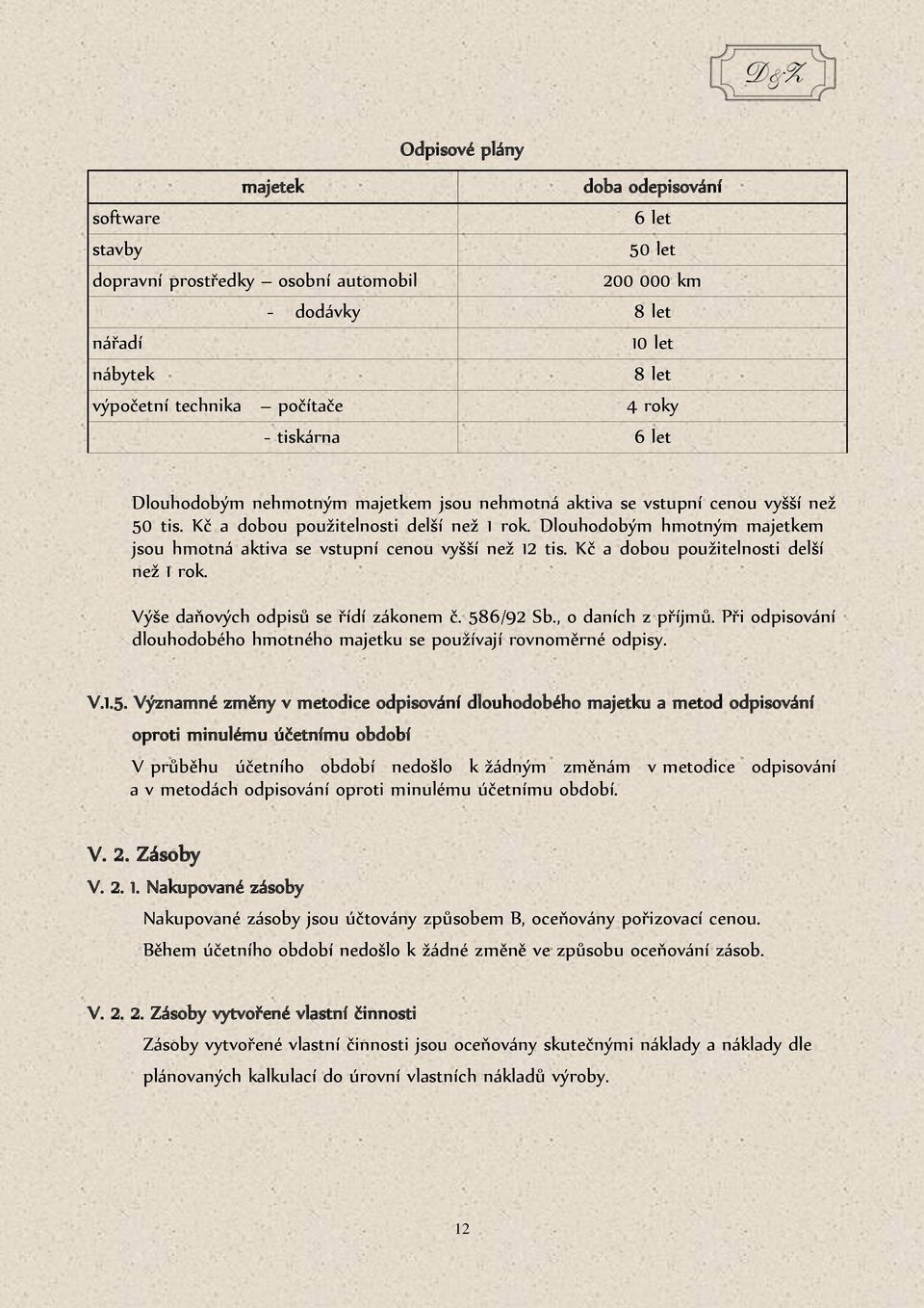 jsou hmotná aktiva se vstupní cenou vyšší než 12 tis. Kč a dobou použitelnosti delší. než 1 rok. Výše daňových odpisů se řídí zákonem č. 586/92 Sb., o daních z příjmů. Při odpisování.