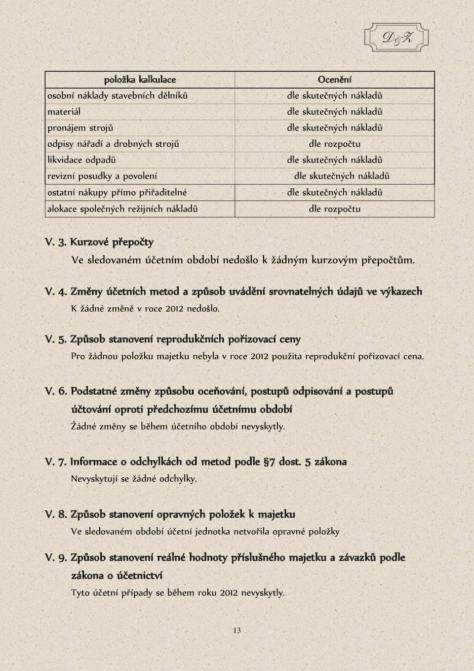 rozpočtu V. 3. Kurzové přepočty Ve sledovaném účetním období nedošlo k žádným kurzovým přepočtům. V. 4.