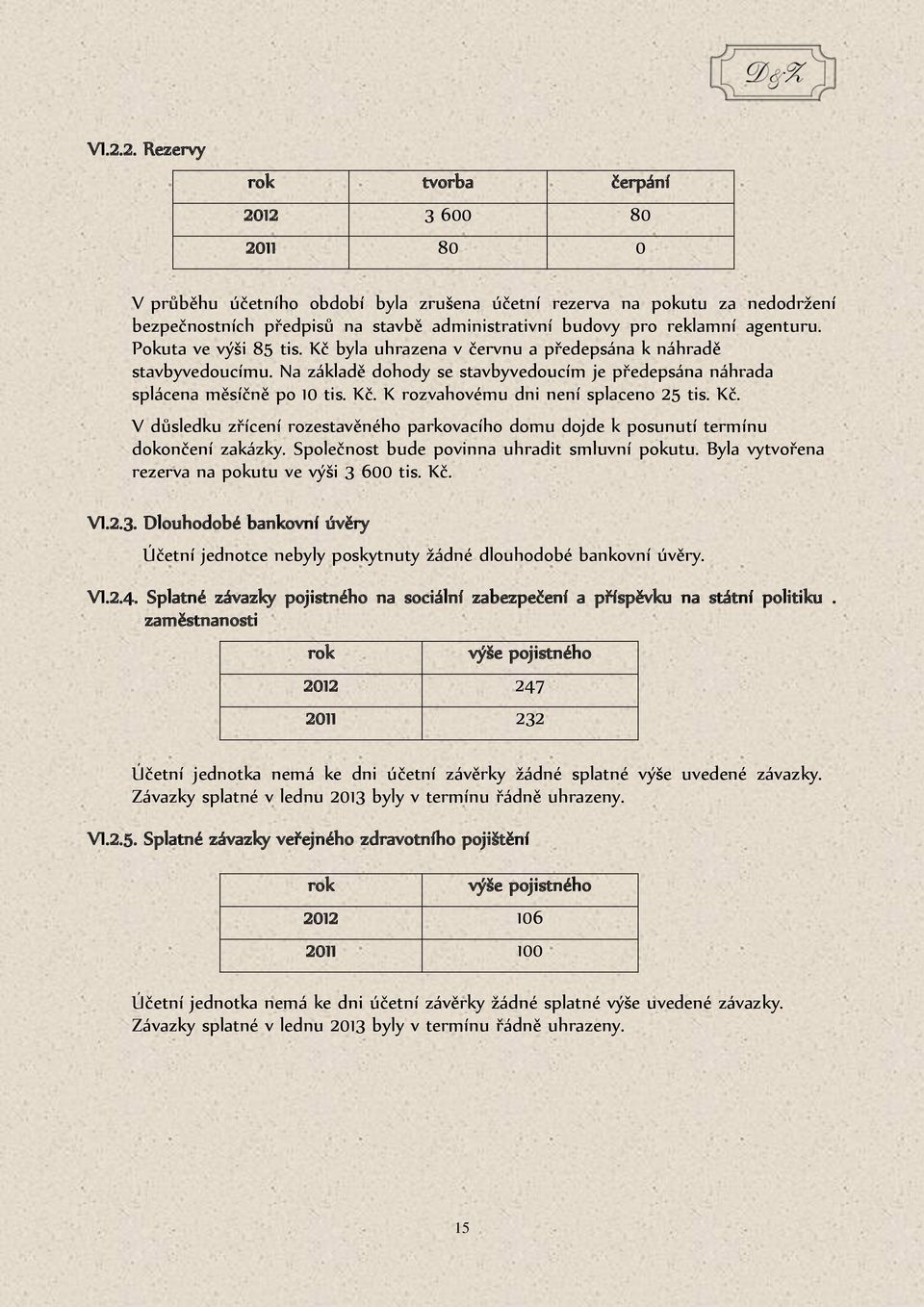 Na základě dohody se stavbyvedoucím je předepsána náhrada. splácena měsíčně po 10 tis. Kč. K rozvahovému dni není splaceno 25 tis. Kč. V důsledku zřícení rozestavěného parkovacího domu dojde k posunutí termínu.