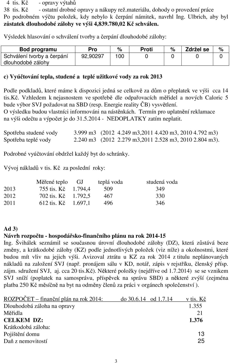 Výsledek hlasování o schválení tvorby a čerpání dlouhodobé zálohy: Schválení tvorby a čerpání 92,90297 100 0 0 0 0 dlouhodobé zálohy c) Vyúčtování tepla, studené a teplé užitkové vody za rok 2013