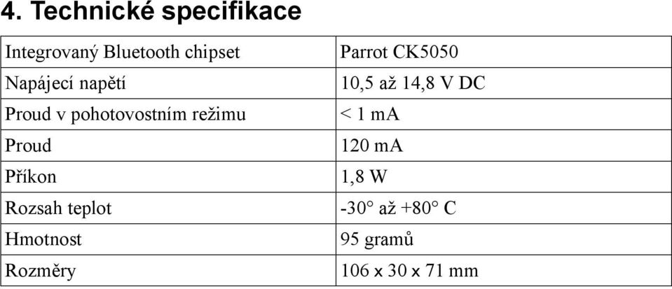 Rozsah teplot Hmotnost Rozměry Parrot CK5050 10,5 až 14,8