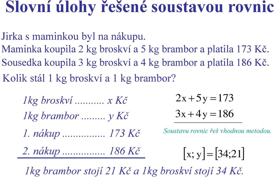 Sousedka koupila 3 kg broskví a 4 kg brambor a platila 186 Kč.