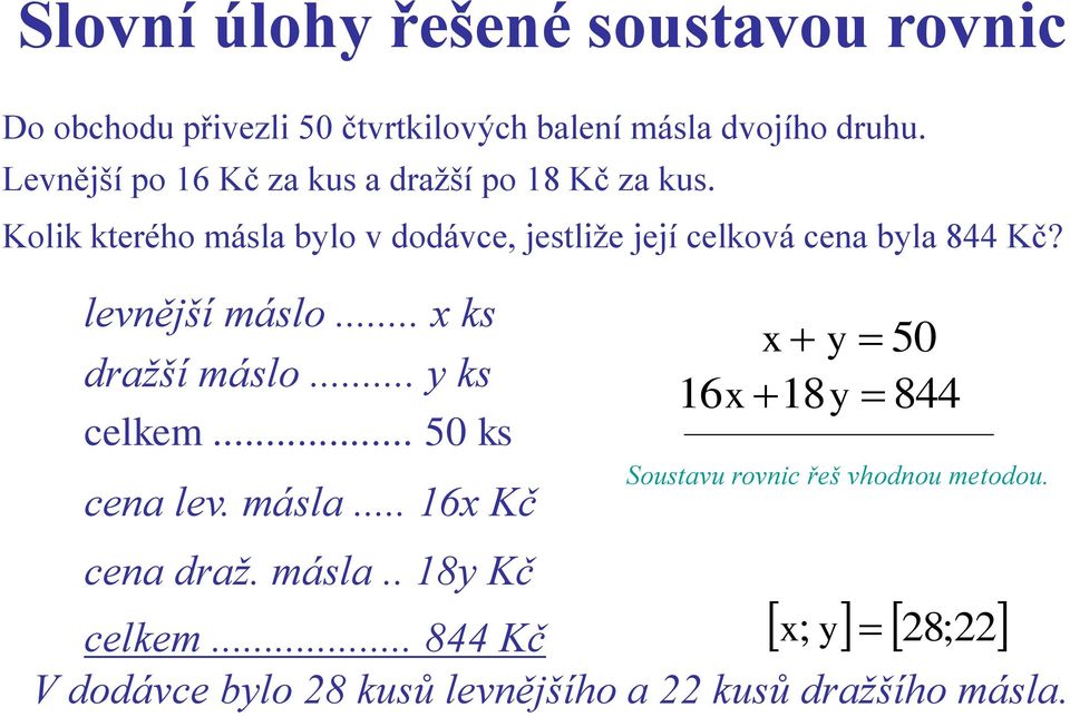 Kolik kterého másla bylo v dodávce, jestliže její celková cena byla 844 Kč? levnější máslo.