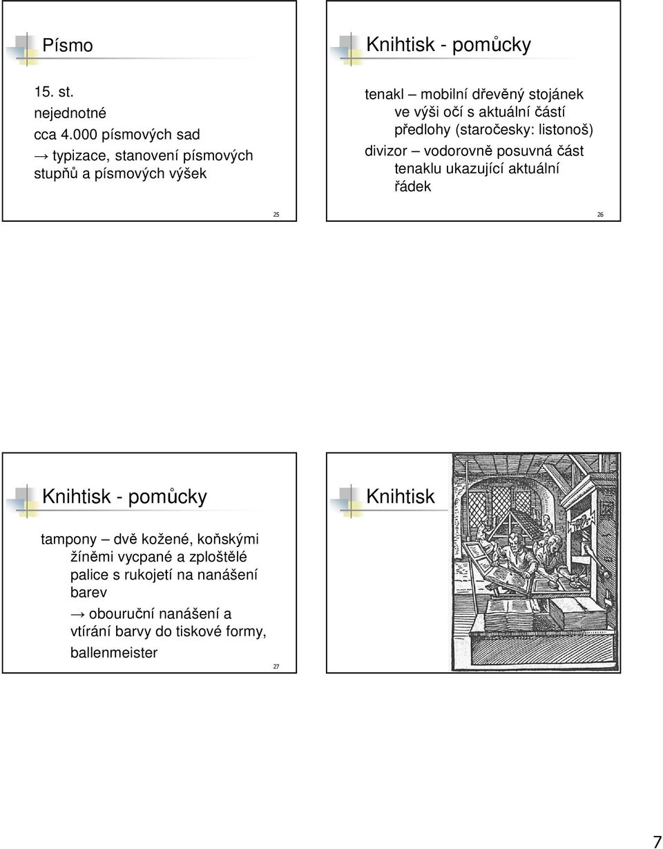 aktuální částí předlohy (staročesky: listonoš) divizor vodorovně posuvná část tenaklu ukazující aktuální řádek 25 26