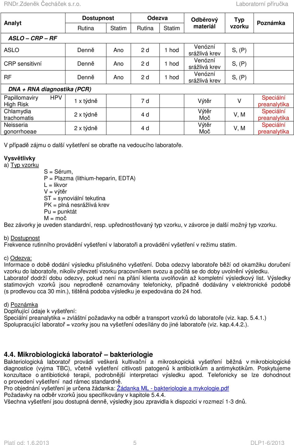 Vysvětlivky a) = érum, P = Plazma (lithium-heparin, EDTA) L = likvor V = výtěr T = synoviální tekutina PK = plná ne Pu = punktát M = moč Bez závorky je uveden standardní, resp.