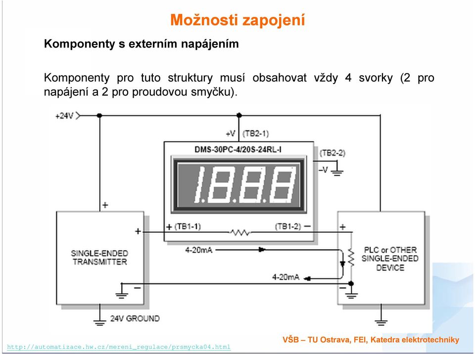 svorky (2 pro napájení a 2 pro proudovou smyčku).