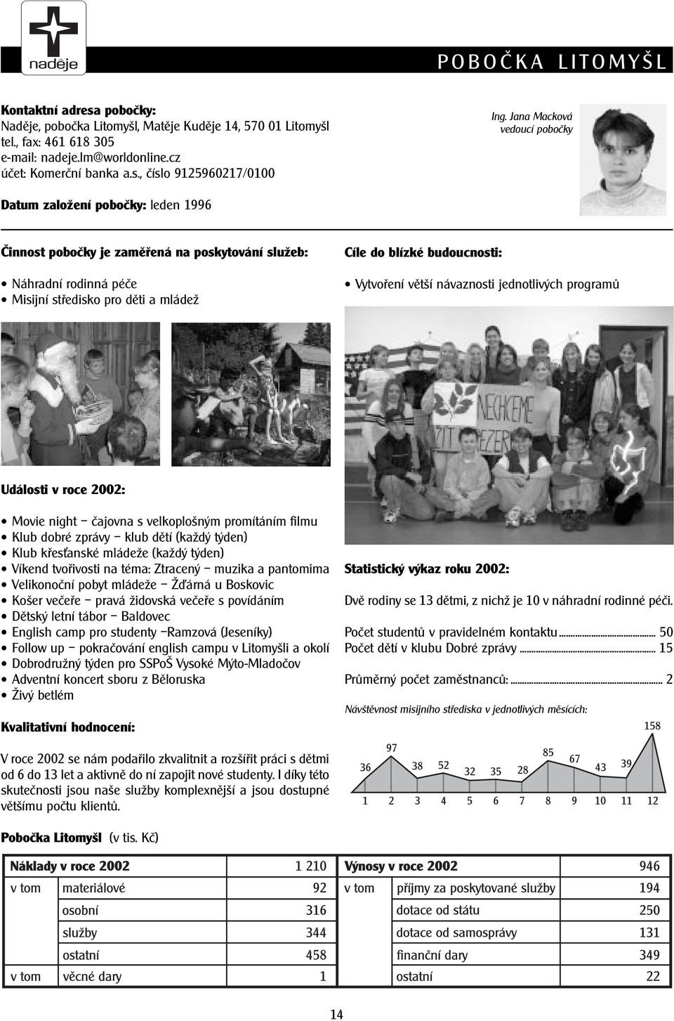 budoucnosti: Vytvoøení vìtší návaznosti jednotlivých programù Události v roce 2002: Movie night èajovna s velkoplošným promítáním filmu Klub dobré zprávy klub dìtí (každý týden) Klub køes anské