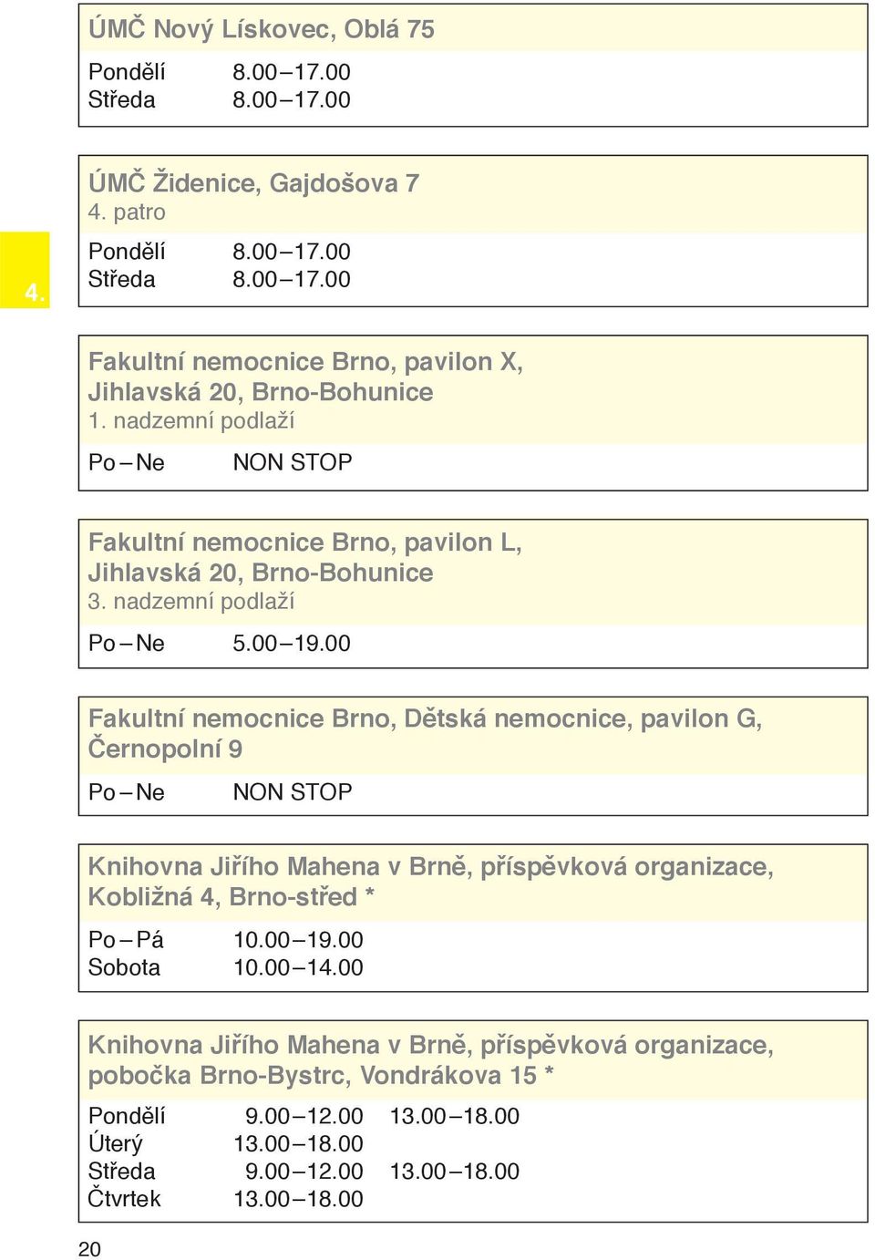 00 Fakultní nemocnice Brno, Dětská nemocnice, pavilon G, Černopolní 9 Po Ne NON STOP Knihovna Jiřího Mahena v Brně, příspěvková organizace, Kobližná 4, Brno-střed * Po Pá 10.00 19.