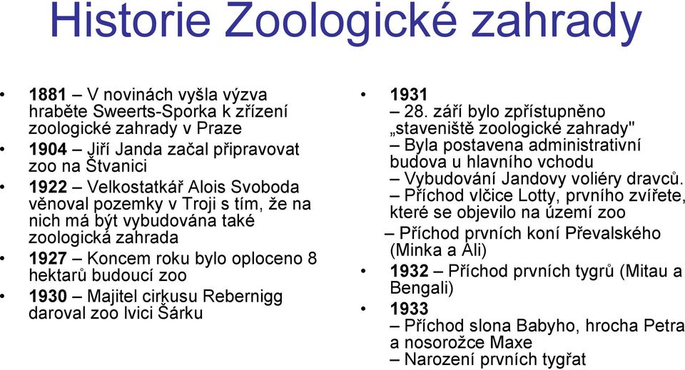 Šárku 1931 28. září bylo zpřístupněno staveniště zoologické zahrady" Byla postavena administrativní budova u hlavního vchodu Vybudování Jandovy voliéry dravců.