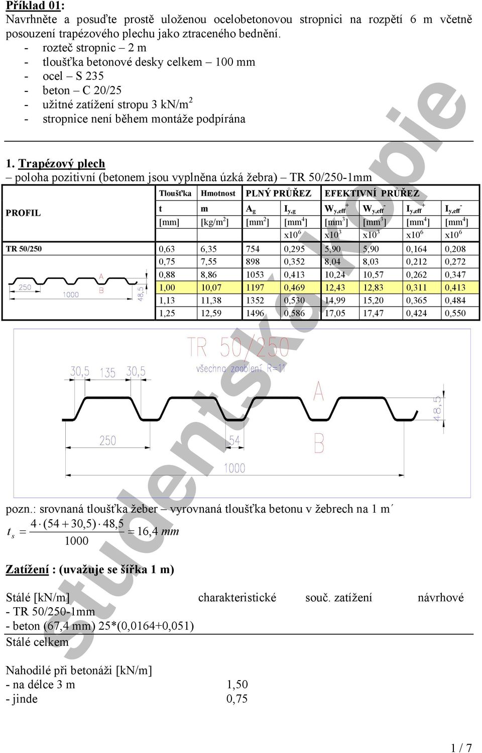 Trpézový pleh poloh pozitiví (betoem jou vplě úzká žebr) TR 50/50-mm PROF Tloušťk Hmotot PÝ PRŮŘEZ EFEKTVÍ PRŮŘEZ t m A g,g W,e + W,e -,e +,e - [mm] [kg/m ] [mm ] [mm 4 ] [mm ] [mm ] [mm 4 ] [mm 4 ]