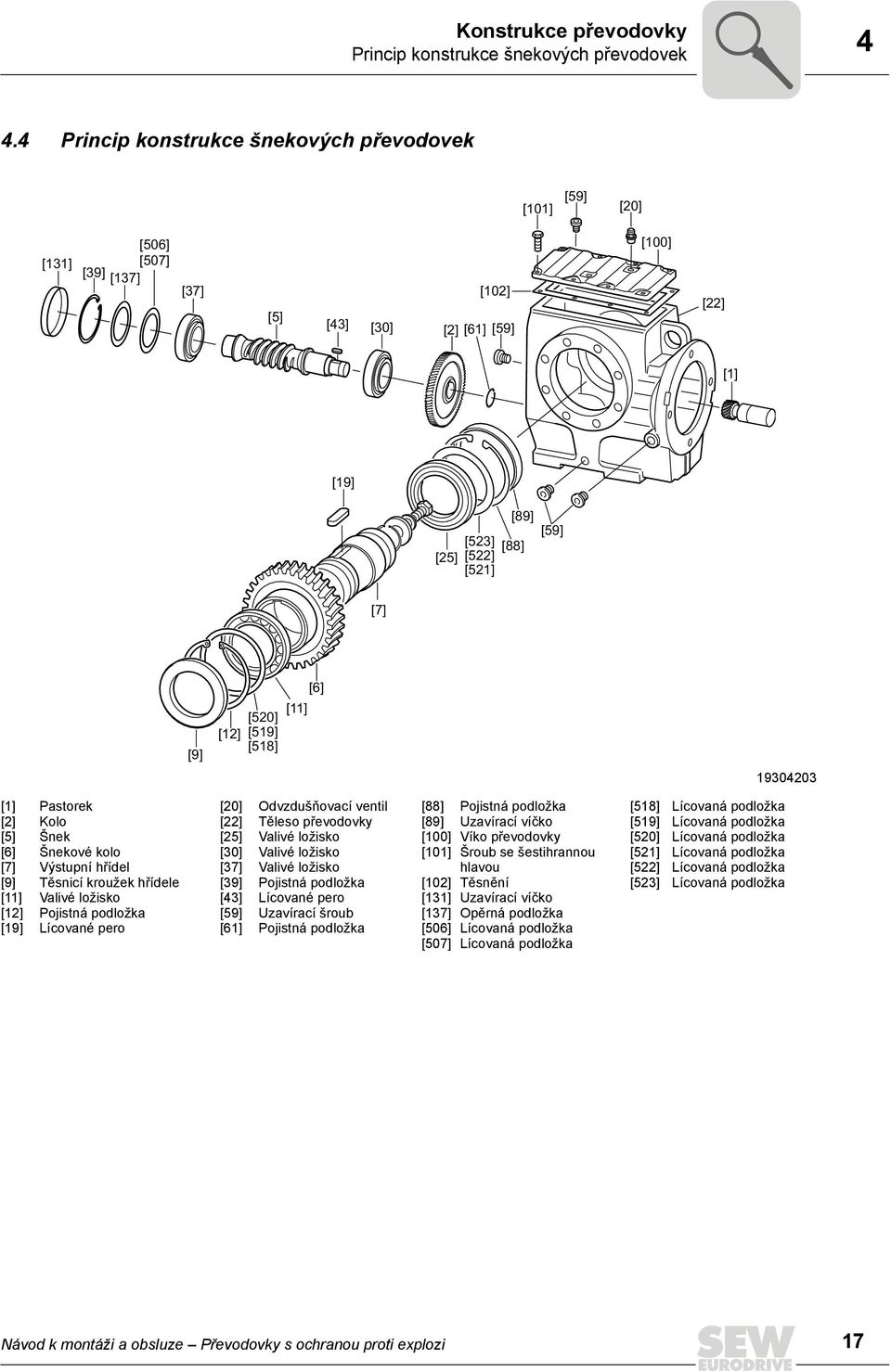 [520] [519] [518] [11] [6] 19304203 [1] [2] [5] [6] [7] [9] [11] [12] [19] Pastorek Kolo Šnek Šnekové kolo Výstupní hřídel Těsnicí kroužek hřídele Valivé ložisko Pojistná podložka Lícované pero [20]