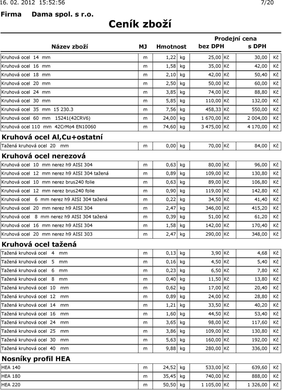 60,00 Kč Kruhová ocel 24 mm m 3,85 kg 74,00 Kč 88,80 Kč Kruhová ocel 30 mm m 5,85 kg 110,00 Kč 132,00 Kč Kruhová ocel 35 mm 15 230.