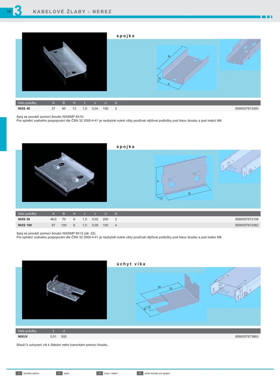 spojka číslo položky NIXS 50 46,5 70 6 1,0 0,02 200 2 8595057672109 NIXS 100 97 100 6 1,0 0,09 100 4 8595057672062 Spoj se provádí pomocí šroubů NIXSMP 8X12 (str. 22).