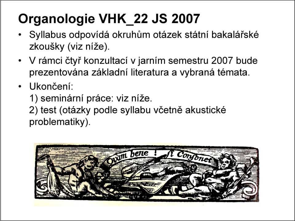 V rámci čtyř konzultací v jarním semestru 2007 bude prezentována základní