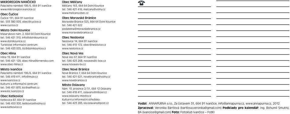 : 546 421 129, obec-hlina@brnensko.com www.obec-hlina.cz Město Ivančice Palackého náměstí 196/6, 664 91 Ivančice tel.: 546 419 411, info@muiv.cz www.ivancice.cz Kulturní a informační centrum: tel.