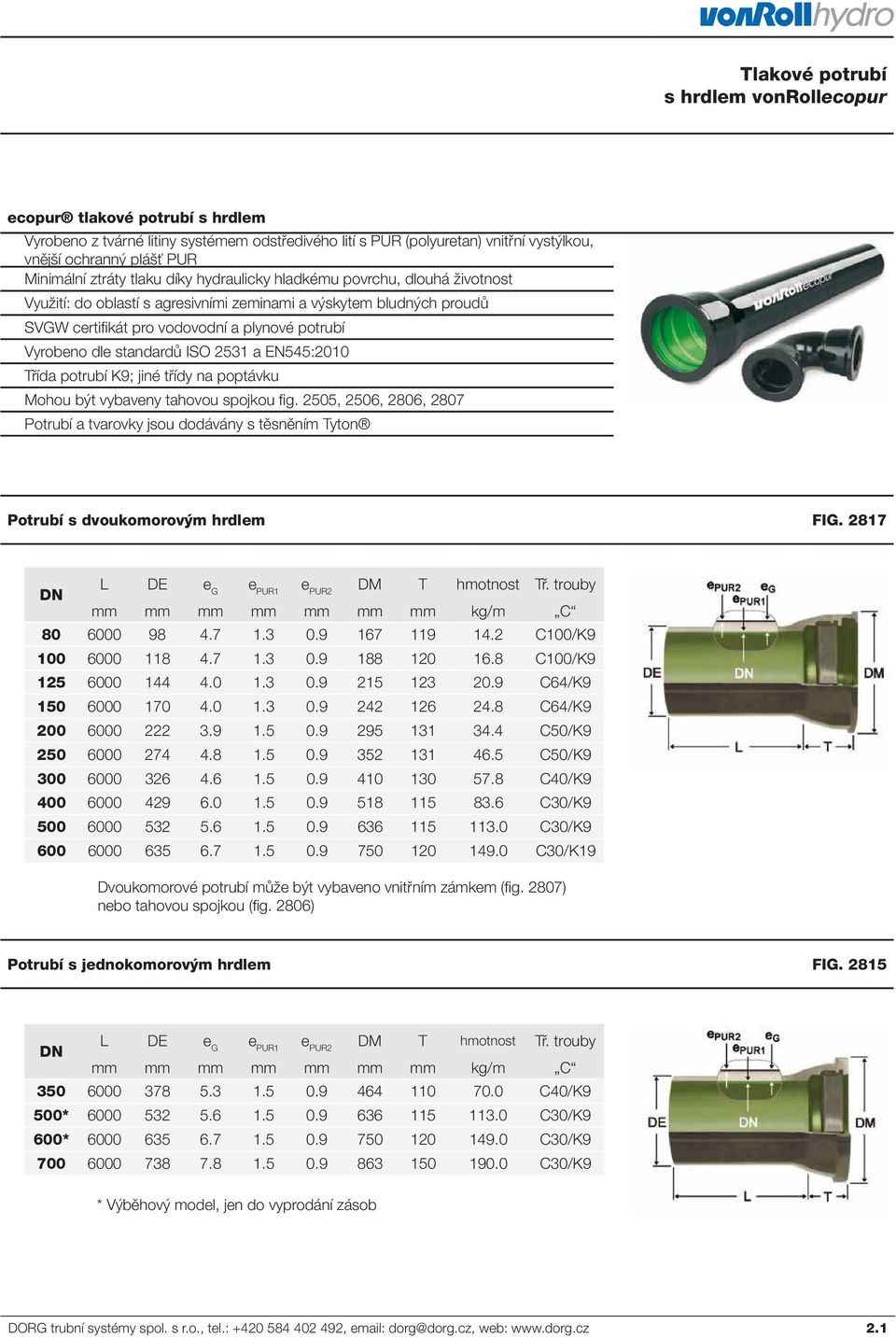 standardů ISO 2531 a EN545:2010 Třída potrubí K9; jiné třídy na poptávku Mohou být vybaveny tahovou spojkou fig.