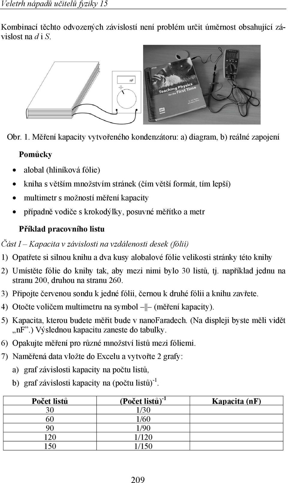 kapacity p ípadn vodi e s krokodýlky, posuvné m ítko a metr P íklad pracovního listu ást I Kapacita v závislosti na vzdálenosti desek (fólií) 1) Opat ete si silnou knihu a dva kusy alobalové fólie