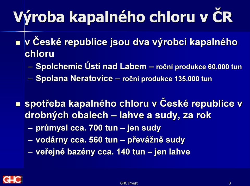 000 tun spotřeba kapalného chloru v České republice v drobných obalech lahve a sudy, za rok