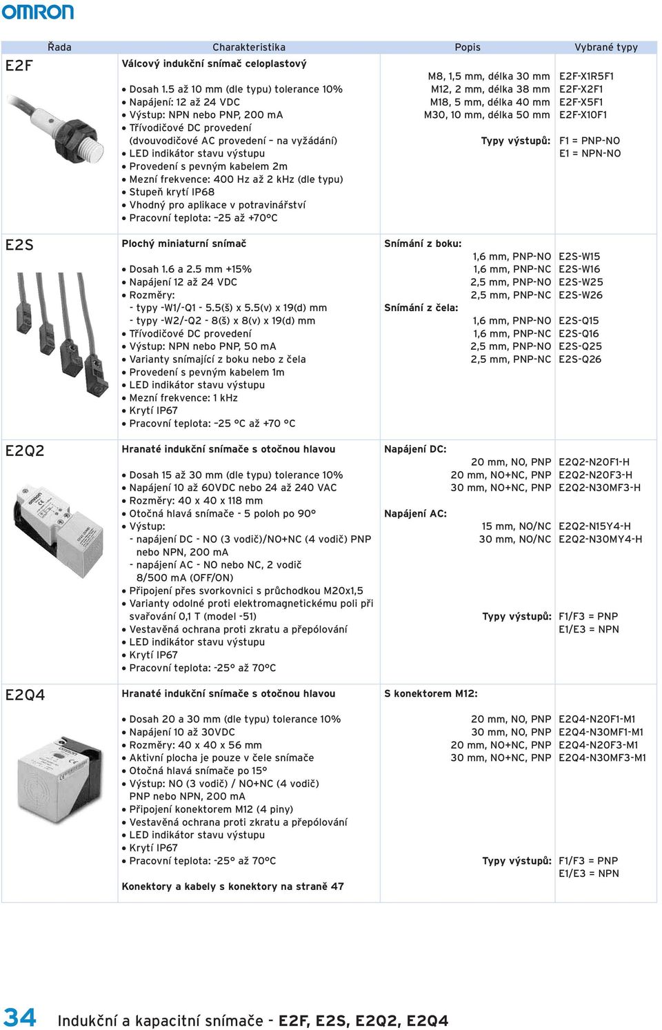 potravinářství Pracovní teplota: 25 až +70 C M8, 1,5 mm, délka 30 mm M12, 2 mm, délka 38 mm M18, 5 mm, délka 40 mm M30, 10 mm, délka 50 mm E2F-X1R5F1 E2F-X2F1 E2F-X5F1 E2F-X10F1 F1 = PNP-NO E1 =