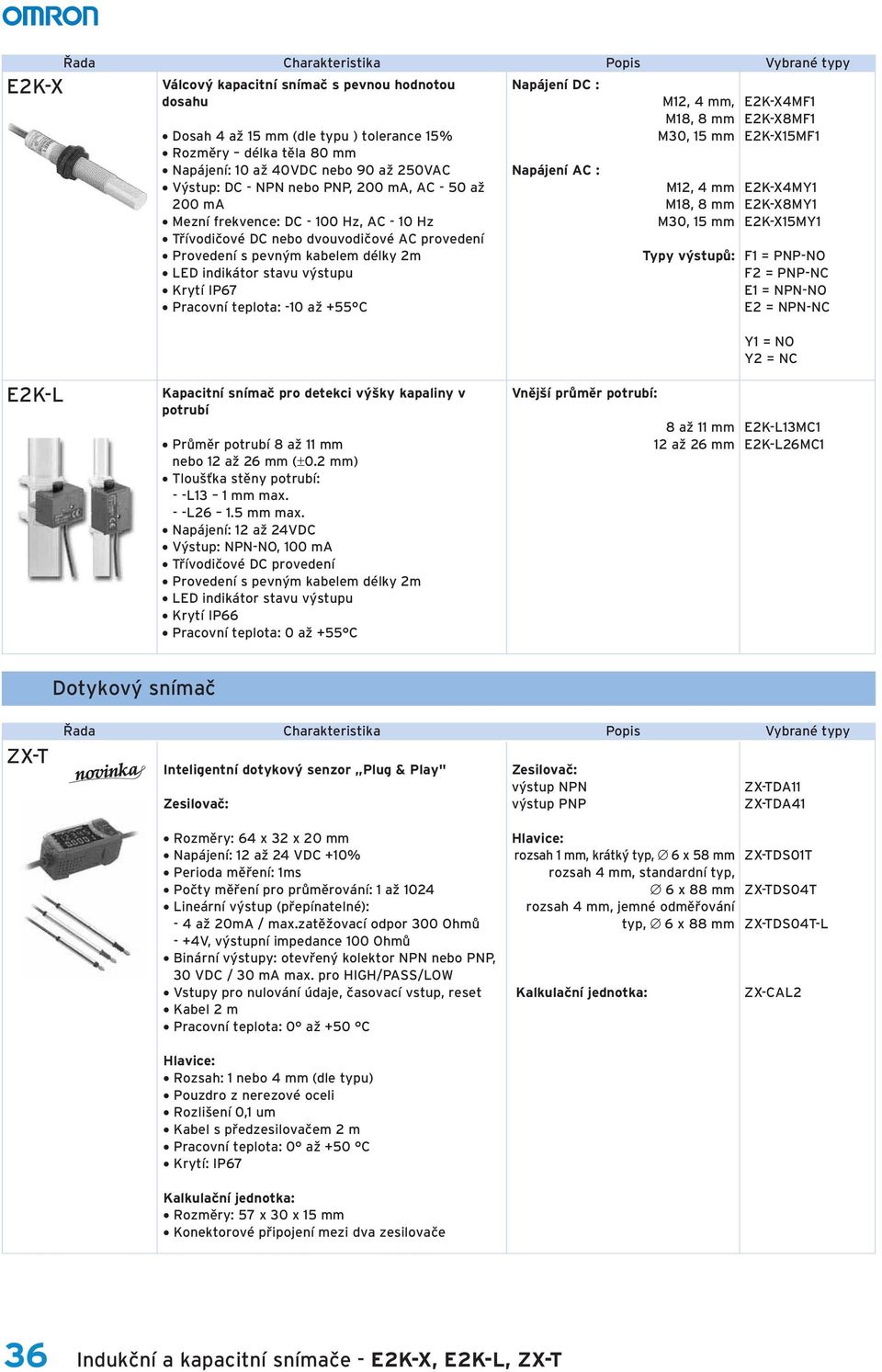 M12, 4 mm, M18, 8 mm M30, 15 mm M12, 4 mm M18, 8 mm M30, 15 mm E2K-X4MF1 E2K-X8MF1 E2K-X15MF1 E2K-X4MY1 E2K-X8MY1 E2K-X15MY1 F1 = PNP-NO F2 = PNP-NC E1 = NPN-NO E2 = NPN-NC E2K-L Kapacitní snímač pro