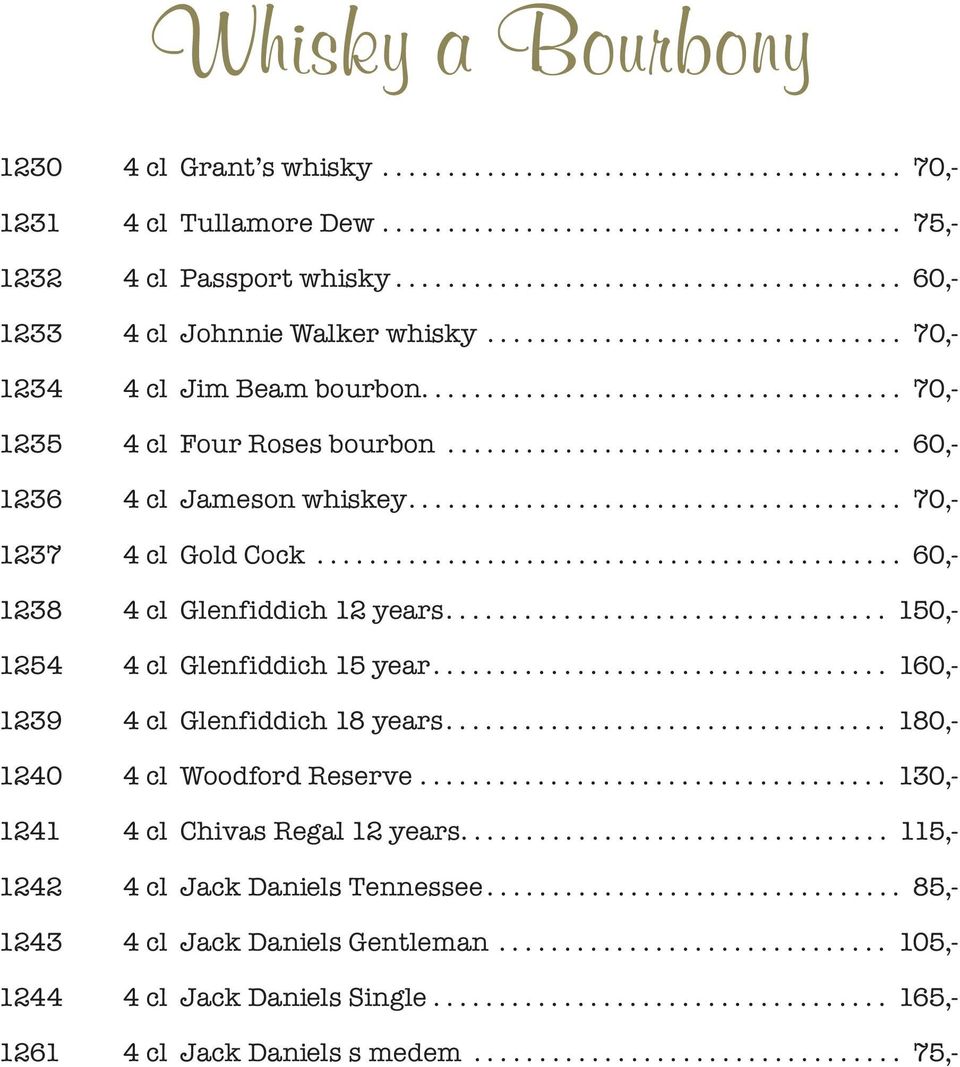 .................................. 60,- 1236 4 cl Jameson whiskey...................................... 70,- 1237 4 cl Gold Cock............................................. 60,- 1238 4 cl Glenfiddich 12 years.