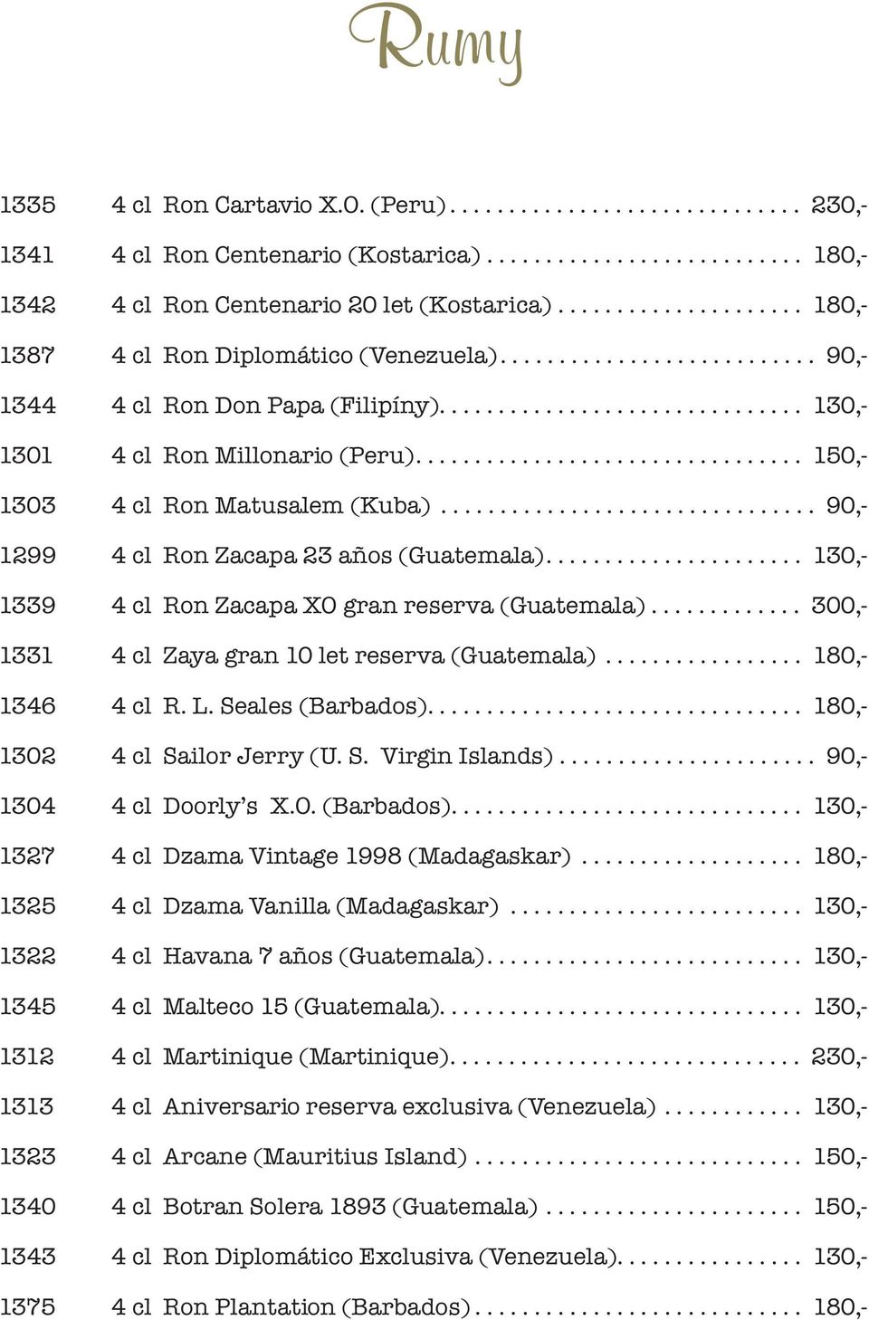 ................................ 150,- 1303 4 cl Ron Matusalem (Kuba)................................ 90,- 1299 4 cl Ron Zacapa 23 años (Guatemala).