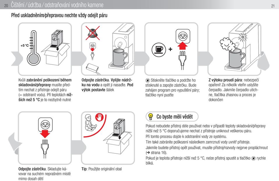 Pod výtok postavte šálek Stiskněte tlačítko a podržte ho stisknuté a zapojte zástrčku. Bude zahájen program pro vypuštění páry; tlačítko nyní pusťte Z výtoku proudí pára: nebezpečí opaření!