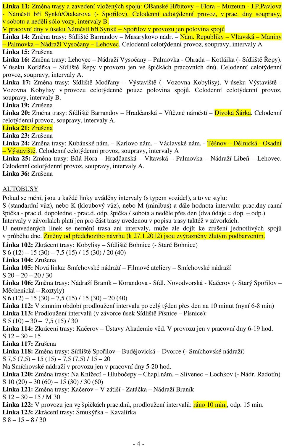 Celodenní celotýdenní provoz, soupravy, intervaly A Linka 15: Zrušena Linka 16: Změna trasy: Lehovec Nádraží Vysočany Palmovka - Ohrada Kotlářka (- Sídliště Řepy).