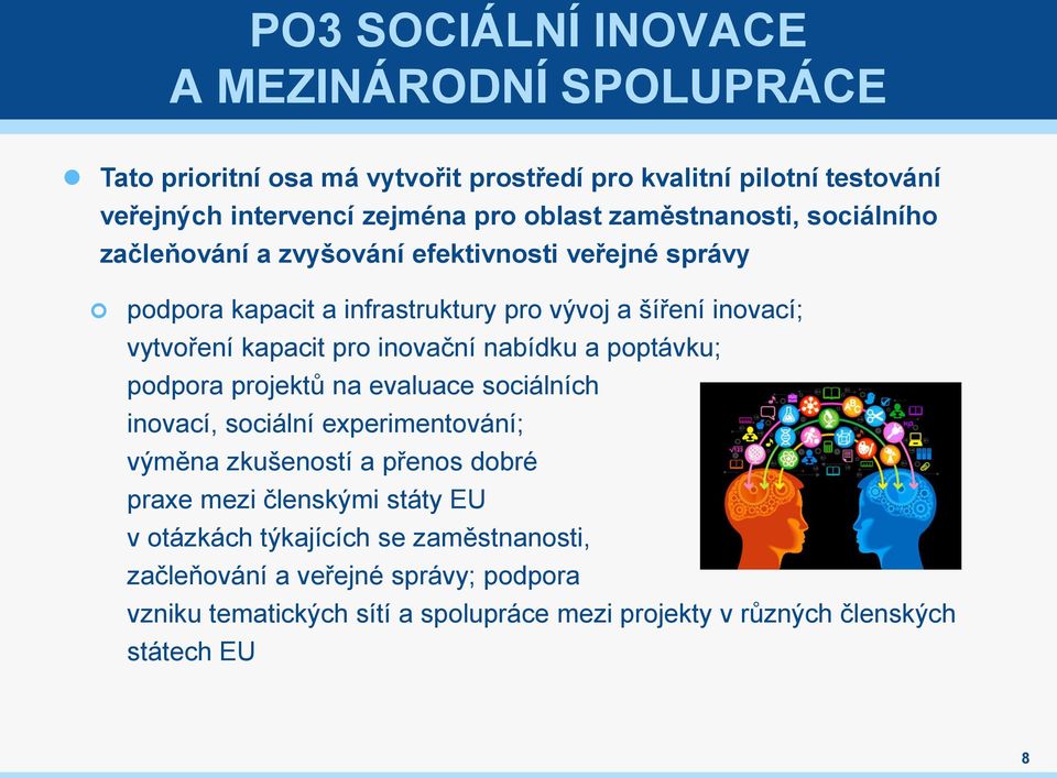 inovační nabídku a poptávku; podpora projektů na evaluace sociálních inovací, sociální experimentování; výměna zkušeností a přenos dobré praxe mezi členskými