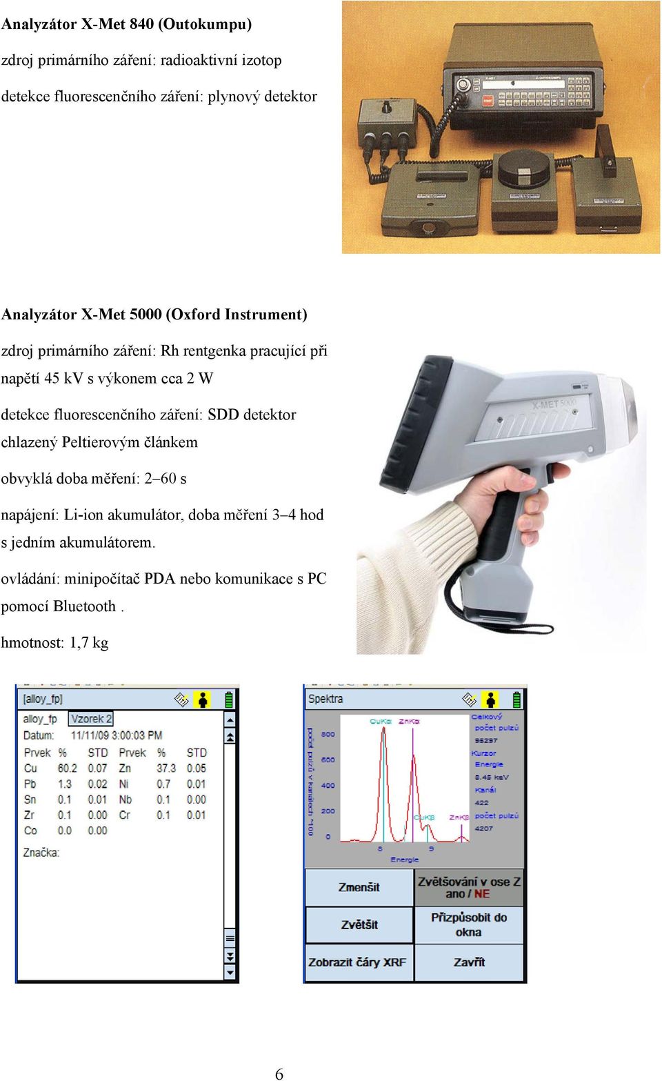 detekce fluorescenčního záření: SDD detektor chlazený Peltierovým článkem obvyklá doba měření: 2 60 s napájení: Li-ion